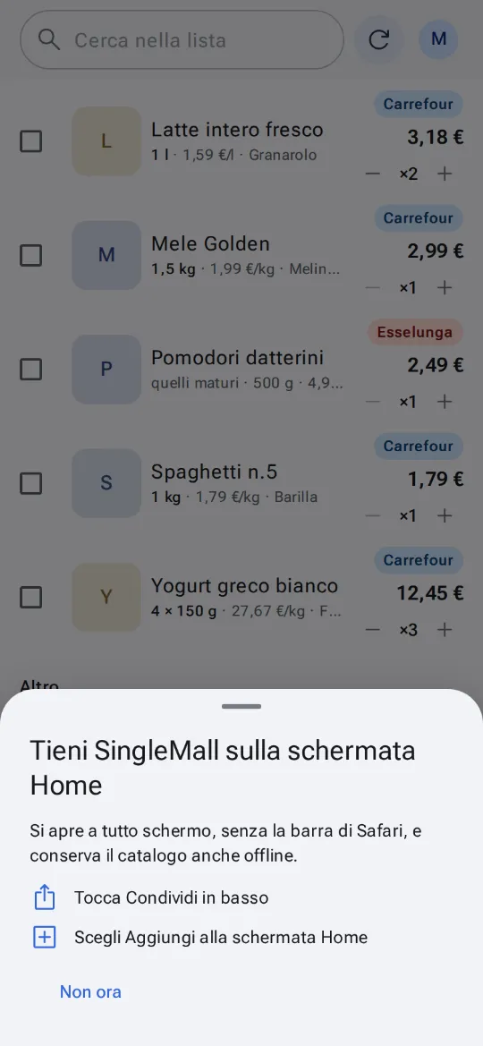 SingleMall nel browser di un iPhone, alla prima visita: il foglio che spiega come aggiungerla alla schermata Home con Condividi e poi Aggiungi alla schermata Home.