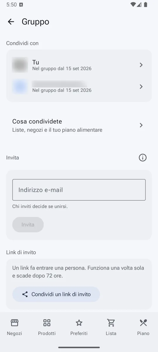 La schermata del gruppo: con chi condividi, che cosa condividete, il campo per invitare qualcuno con la sua e-mail e il link di invito.
