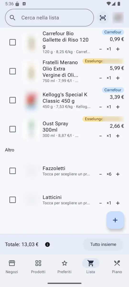 La lista tutta insieme: accanto a ogni prodotto il negozio in cui costa meno, la quantità con i suoi più e meno, e in fondo il totale.